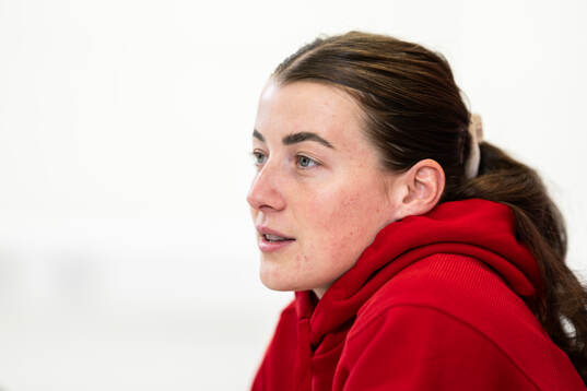Angharad James of the Welsh women's national football team at a press conference