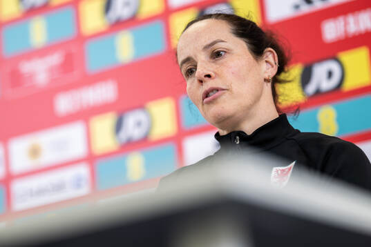 Head coach Rhian Wilkinson of the Welsh women's national football team at a press conference