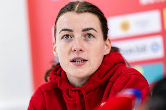 Angharad James of the Welsh women's national football team at a press conference