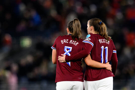 Vilde Bøe Risa and Guro Reiten after 2-1 scred by Caroline Graham Hansen (not pictured)