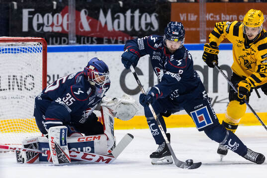 Linköpings målvakt Adam Werner och Rasmus Rissanen mot