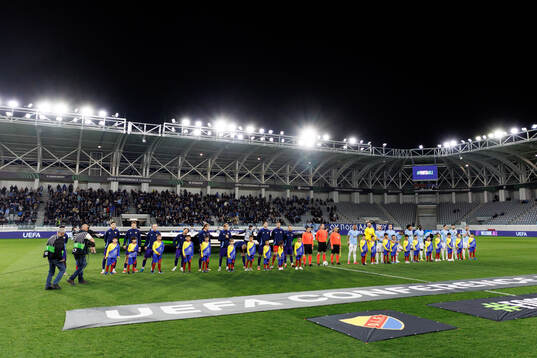 Players of of Djurgården and of Pafos at lineup ahead of the Conference League football match between Pafos and Djurgården on March 6, 2025 in Limassol. 
