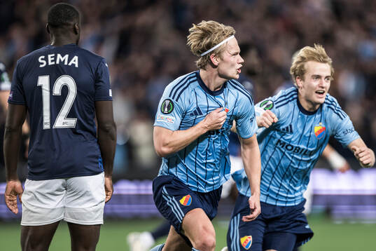 Tobias Gulliksen and Oskar Fallenius of Djurgården celebrate (after 2-0 that is later disallowed) during the UEFA Conference League football match between Djurgården and Pafos on March 13, 2025 in Stockholm. 
