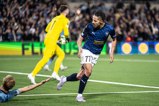 Joao Correia of Pafos reacts against Oskar Fallenius of Djurgården
