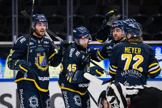 Södertäljes Sebastian Dyk jublar med Nolan Stevens och