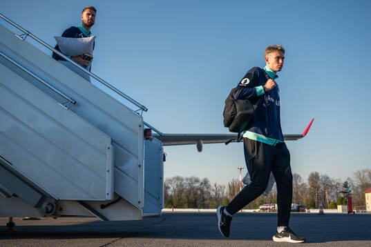 Kristoffer Ajer and Torbjørn Lysaker Heggem of the Norwegian national football team arrive at Chisinau International Airport
