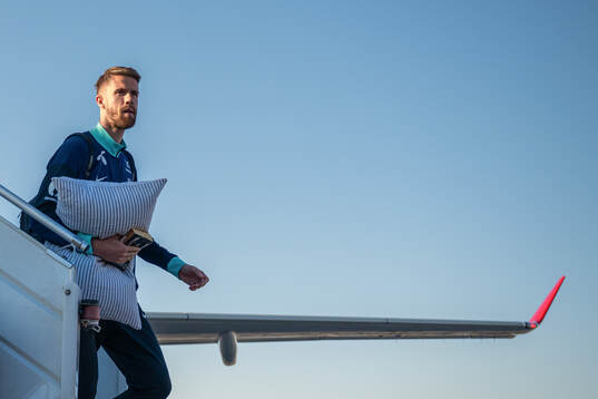 Kristoffer Ajer of the Norwegian national football team arrives at Chisinau International Airport