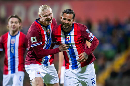Aron Dønnum of Norway celebrates with teammate Erling Braut Haaland after scoring 0-5 during the FIFA World Cup Qualifier football match between Moldova and Norway on March 22, 2025 in Chisinau. 
