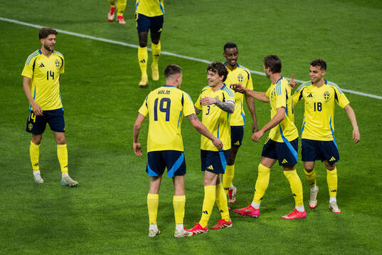 Emil Holm and Victor Nilsson Lindelöf of Sweden celebrating the 1-0 goal