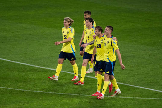 Benjamin Nygren, Sebastian Nanasi, Victor Nilsson Lindelöf, and Emil Holm of Sweden celebrating the 2-0 goal