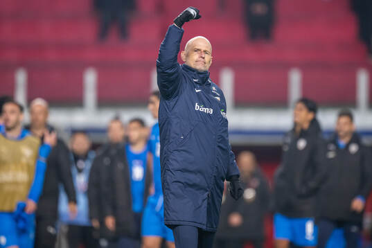 Ståle Solbakken, head coach of Norway, celebrates