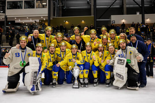 Players of Sweden celebrate after the FIB 2025 Bandy World Championship final between Sweden and Finland on March 30, 2025 in Lidköping. Top row from left: Head coach Mattias Sjöholm, Christoffer Fagerström, Ludvig Johansson, Assistant coach Fredrik Lindqvist, Assistant coach Mattias Rehnholm, Oscar Wikblad, Vladimir In-Fa-Lin, Martin Hammarberg, Albin Rehnholm, Physio Lotta af Klintberg, Skate technichian Erik Sellin and Team manager Fredrik Ärleskog. Front row: Anton Andersson, Jesper Granqvist, Christoffer Edlund, Joel Broberg, Alexander Härndahl, Joel Broberg, Martin Landström, Albin Airisniemi and Henrik Kjellsson.
