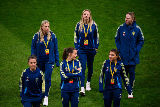 Stina Blackstenius and Amanda Ilestedt of Sweden ahead of the UEFA Women's Nations League football match between Sweden and Italy on April 4, 2025 in Stockholm. 