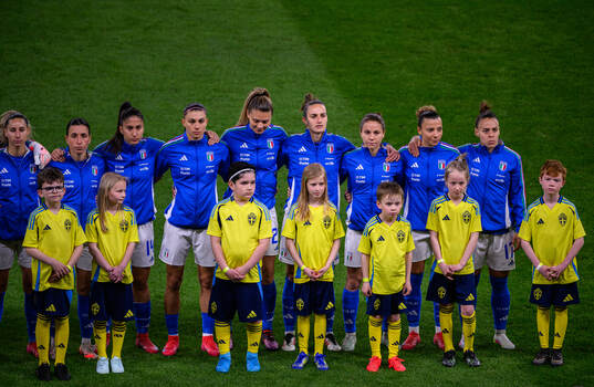 Players of Italy ahead of the UEFA Women's Nations League football match between Sweden and Italy on April 4, 2025 in Stockholm. 