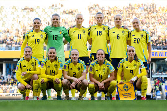  Johanna Rytting Kaneryd , goalkeeper Jennifer Falk , Stina Blackstenius , Fridolina Rolfö , Magdalena Eriksson and Hanna Bennison . Bottom left: Filippa Angeldahl . Nathalie Björn , Anna Sandberg , Hanna Lundkvist and Kosovare Asllani.