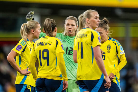 Hanna Lundkvist, Johanna Rytting Kaneryd, goalkeeper Jennifer Falk, Stina Blackstenius and Filippa Angeldahl of Sweden