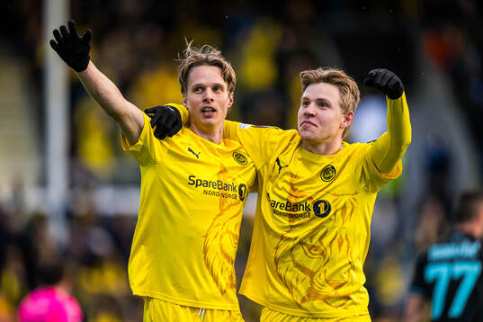 Ulrik Saltnes of Bodø/Glimt celebrates with Jens Petter