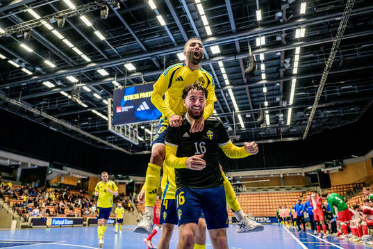 Nima Kadivar and Donat Gashi of Sweden celebrate 4-3 the UEFA Euro Qualifier futsal match between Sweden and Azerbaijan
