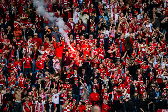 Spectators in the stands during the Eliteserien match between Vålerenga and Brann on May 3, 2025 in Oslo. 
