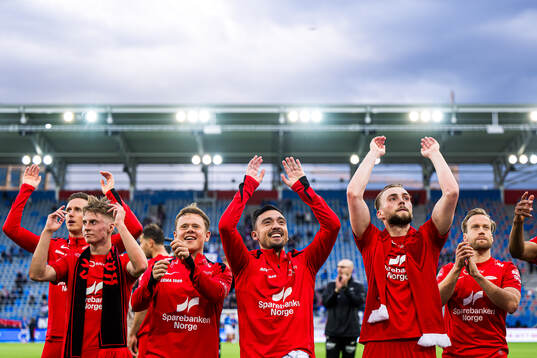 Lars Bjørnerud Remmem, Eggert Aron Gudmundsson, Niklas Castro, Mads Berg Sande and Bård Finne of Brann celebrates