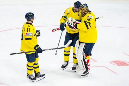 Mikael Backlund, Marcus Pettersson and goaltender Jacob