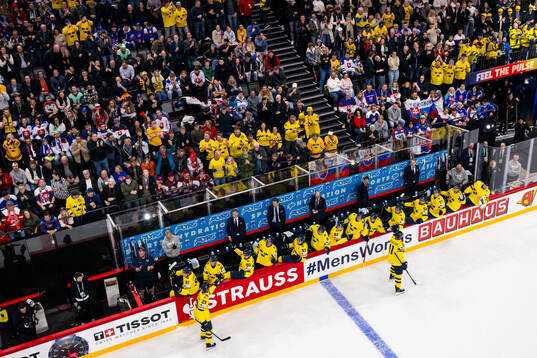 Marcus Pettersson and Mikael Backlund of Sweden celebrate