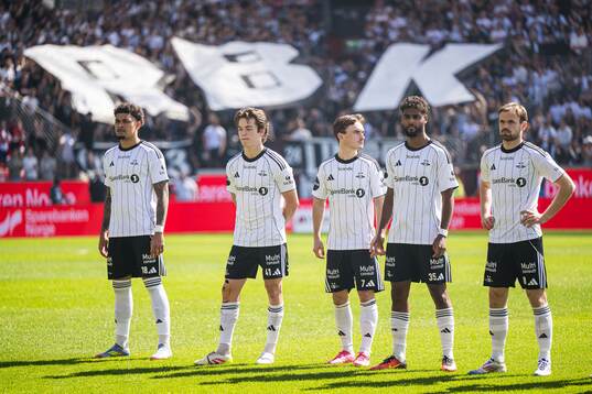 Noah Jean Holm, Sverre Halseth Nypan, Marius Sivertsen Broholm, Emil Konradsen Ceide and Iver Tobias Rørvik Fossum of Rosenborg ahead of the Eliteserien match between Brann and Rosenborg on May 11, 2025 in Bergen. 
