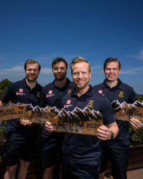 Curling athletes Rasmus Wranå, Oskar Eriksson, Niklas Edin and Christoffer Sundgren of Sweden pose with golden tickets after a press conference