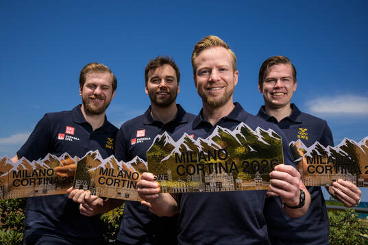 Curling athletes Rasmus Wranå, Oskar Eriksson, Niklas Edin and Christoffer Sundgren of Sweden pose with golden tickets after a press conference
