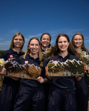 Curling athletes Anna Hasselborg, Sara McManus, Agnes Knochenhauer, Sofia Scharback and Johanna Heldin of Sweden pose with golden tickets after a press conference