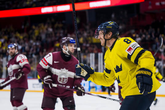 Jonas Brodin of Sweden celebrates after the 0-5 goal during the 2025 IIHF Ice Hockey World Championship group stage game between Latvia and Sweden on May 14, 2025 in Stockholm. 
