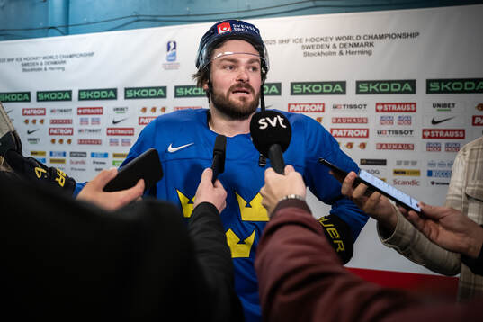 Rasmus Andersson of Sweden in the mixed zone after a practice session