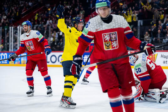 Lucas Raymond of Sweden celebrates after 3-0