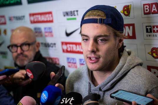 Leo Carlsson of Sweden is being interviewed by media at a practice session