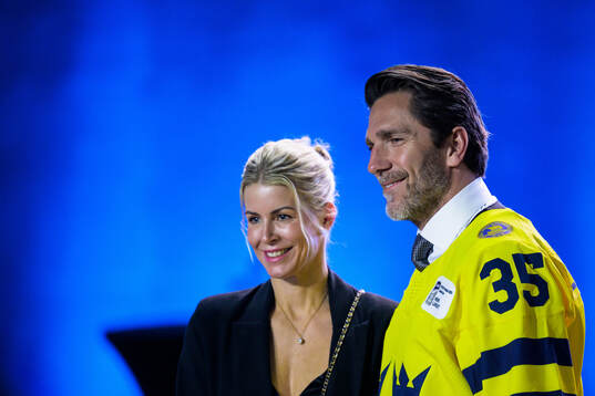 Henrik Lundqvist of Sweden and his wife Therese Andersson ahead of the IIHF Hall of Fame Ceremony on May 25, 2025 in Stockholm. 