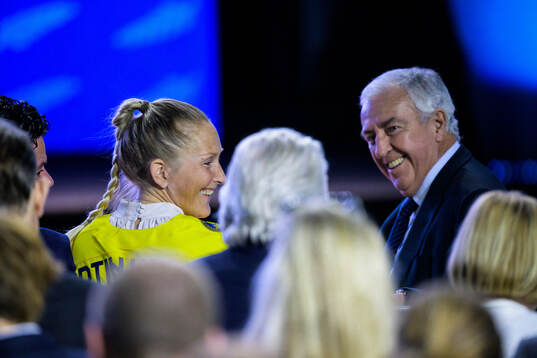 Kim Martin-Hasson of Sweden and IIHF president Luc Tardif ahead of the IIHF Hall of Fame Ceremony on May 25, 2025 in Stockholm. 