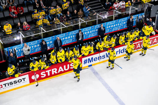 Marcus Johansson of Sweden celebrates with team mates after scoring 3-0