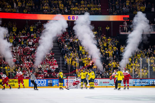 Marcus Johansson of Sweden celebrates with team mates after 3-0