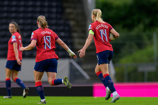 Elisabeth Terland and Ada Hegerberg of Norway celebrate the 1-1 goal