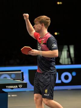Truls Möregårdh of Saarbrücken celebrates during the table tennis semi final match in Champions League between Saarbrücken and KS Orlicz 1924 on May 31, 2025 in Saarbrücken. 
