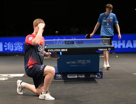 Truls Möregårdh of Saarbrücken celebrates during the table tennis semi final match in Champions League between Saarbrücken and KS Orlicz 1924 on May 31, 2025 in Saarbrücken. 
