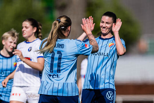 Djurgårdens Therese Åsland och Pauline Hammarlund jublar