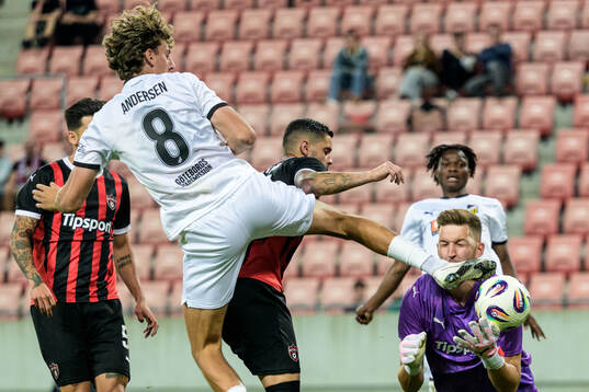 Silas Andersen of Häcken and goalkeeper Ziga Frelih of