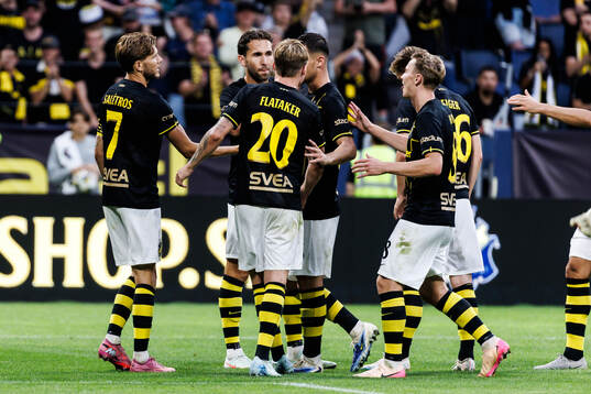 Anton Salétros of AIK celebrate with team mates