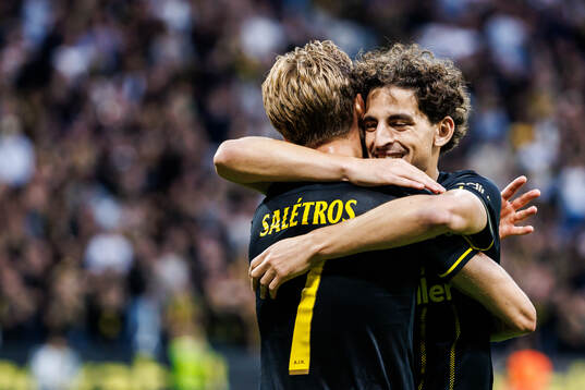 Anton Salétros and Taha Ayari of AIK celebrate