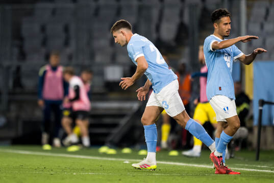 Lasse Berg Johnsen and Adrian Skogmar of Malmö FF