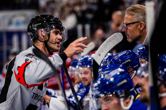 Domare Filip Eriksson och Leksands tränare Johan Hedberg