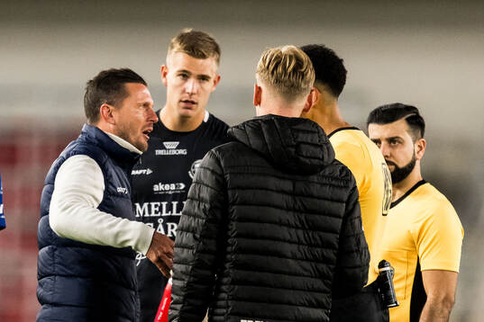 Trelleborgs tränare Kristian Haynes i samtal med domare