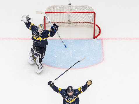 HV71s målvakt Frederik Dichow och Olle Alsing jublar på