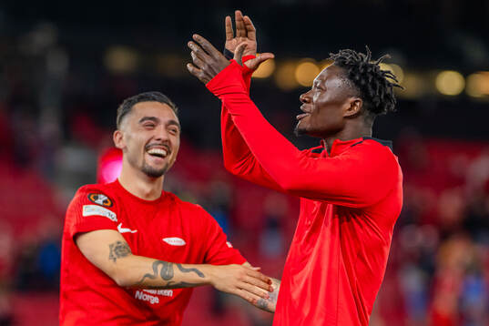 Nana Kwame Boakye and Niklas Castro of Brann celebrate